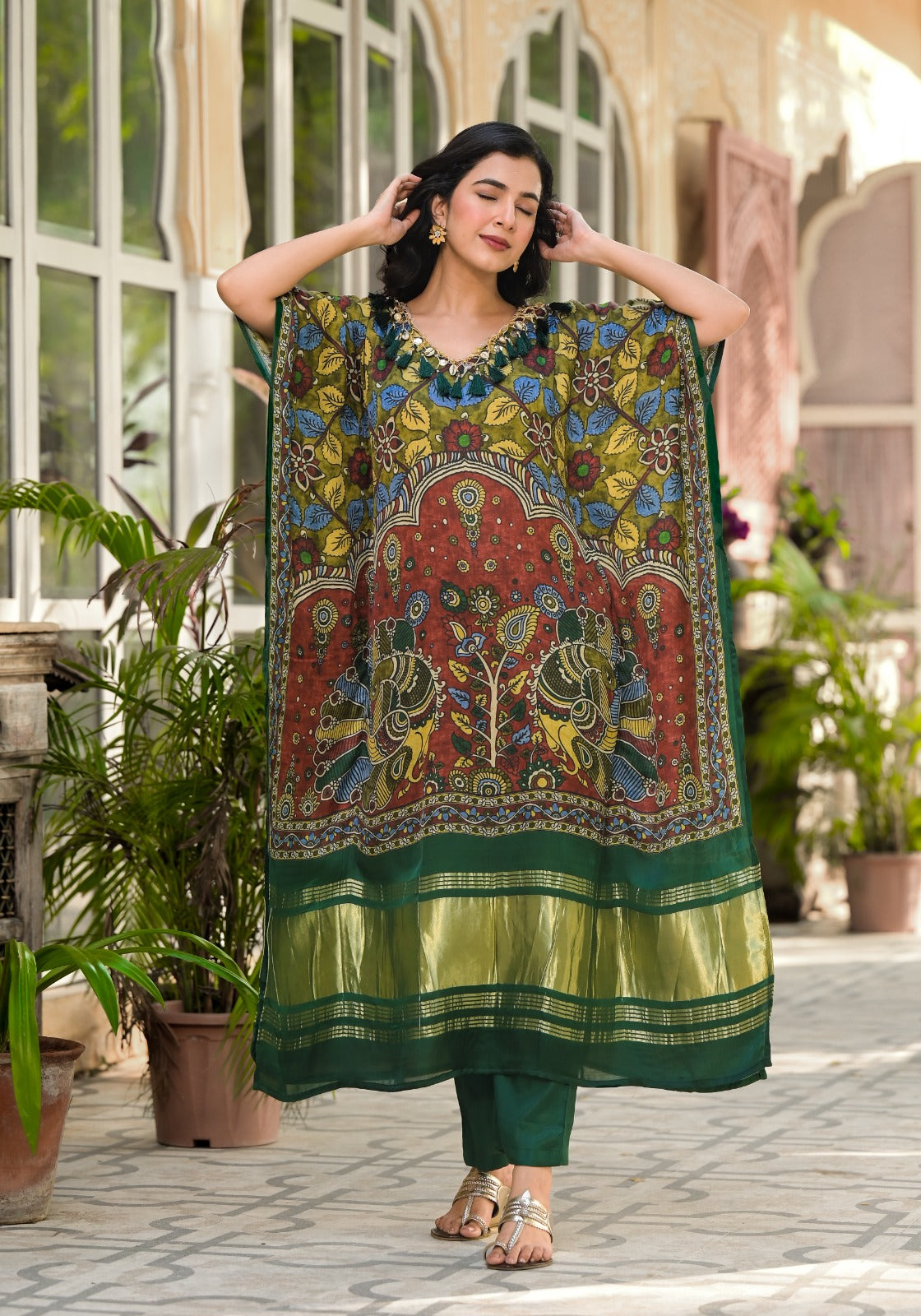 Gaji silk lakri patta kaftan suit