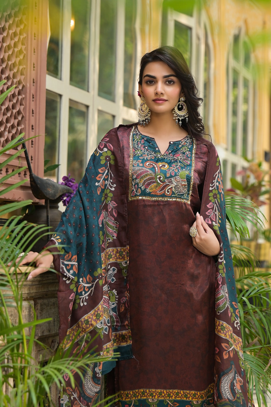 Pure gaji silk lining suit set paired with organza dupatta