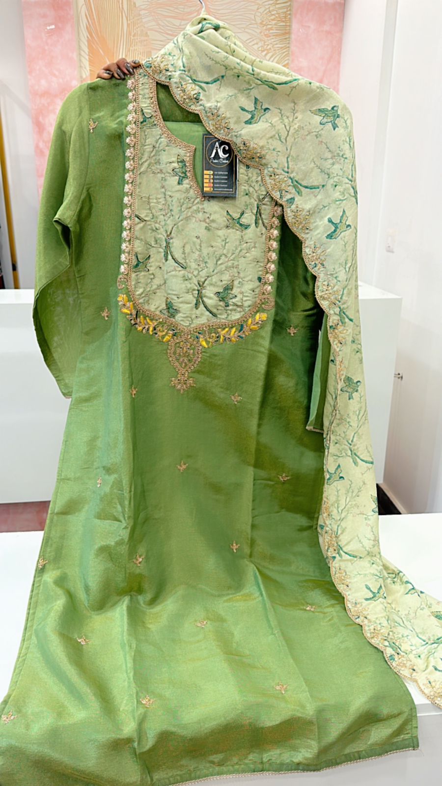 Pretty shimmer hand work suit set