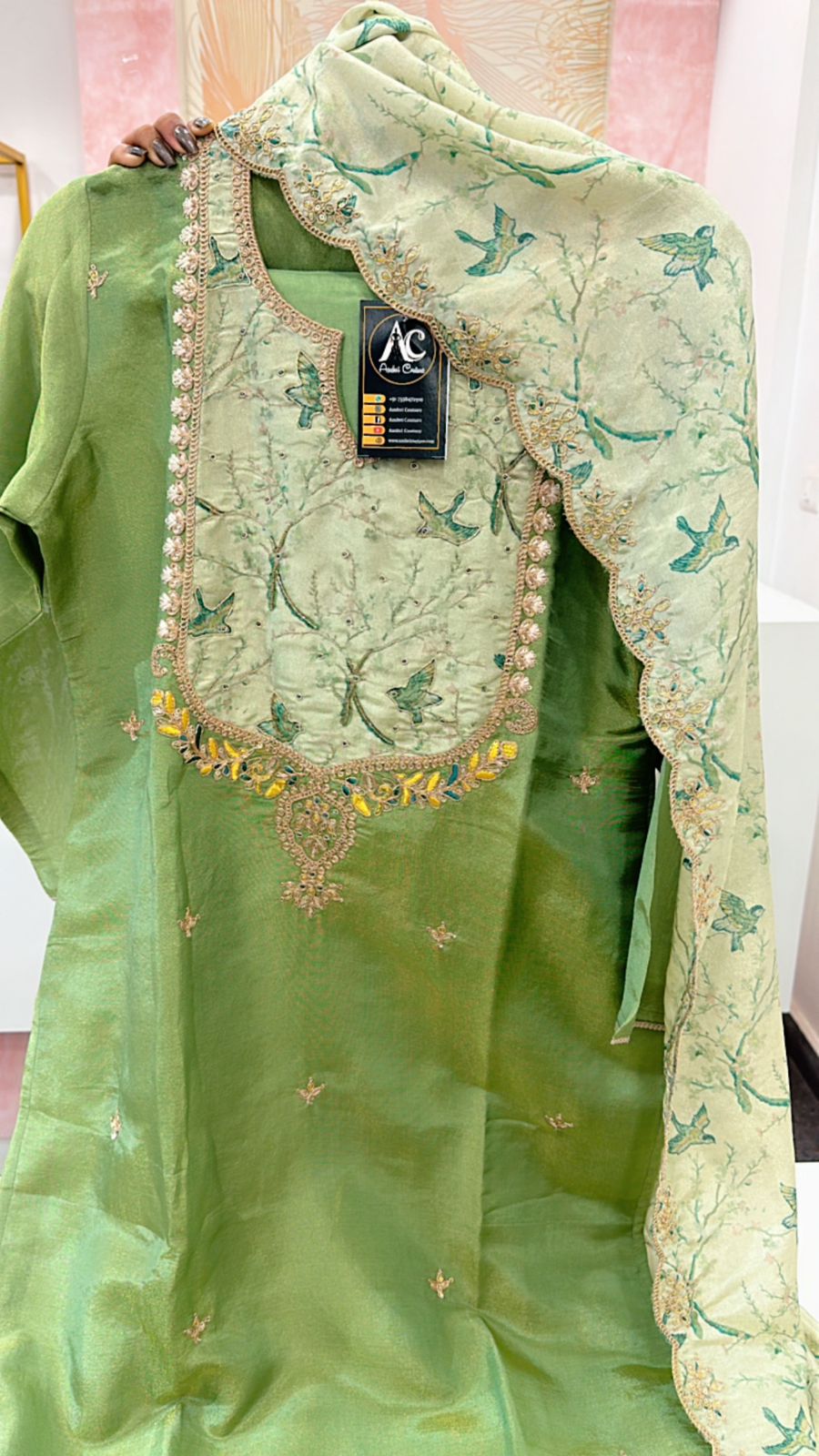 Pretty shimmer hand work suit set