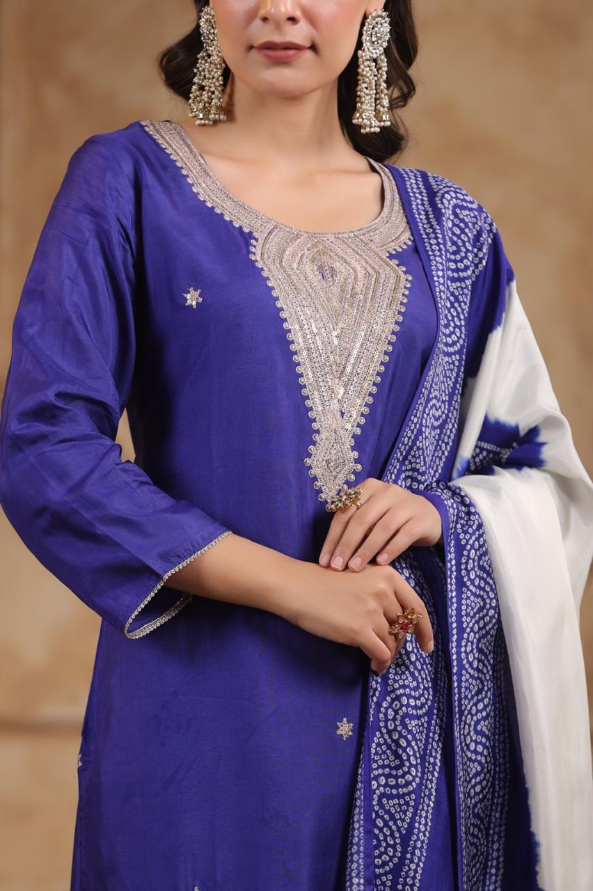 Dola silk Zari detailing full suit set