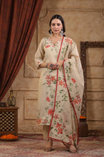 Premium linen chanderi katha work suit set
