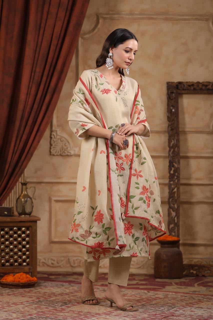 Premium linen chanderi katha work suit set