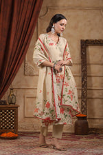 Premium linen chanderi katha work suit set