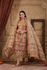 Pretty linen chanderi katha stitch suit set