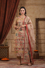 Pretty linen chanderi katha stitch suit set