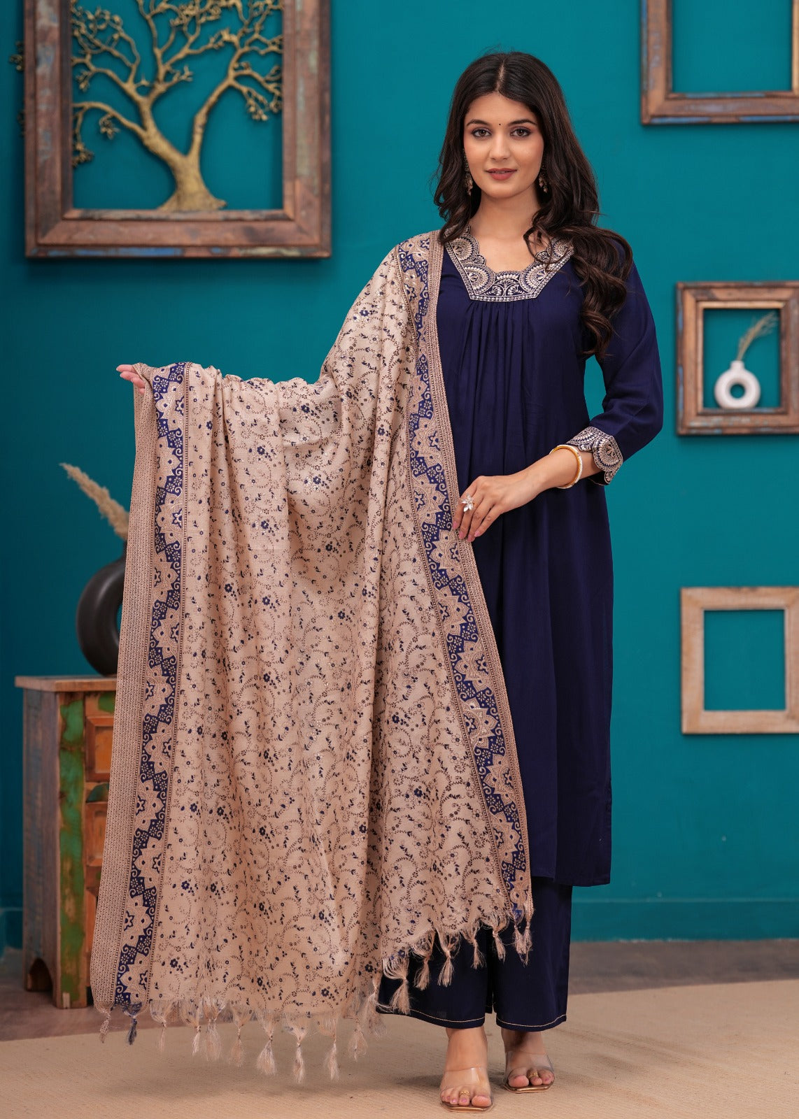 Heavy rayon suit set paired with cotton silk dupatta