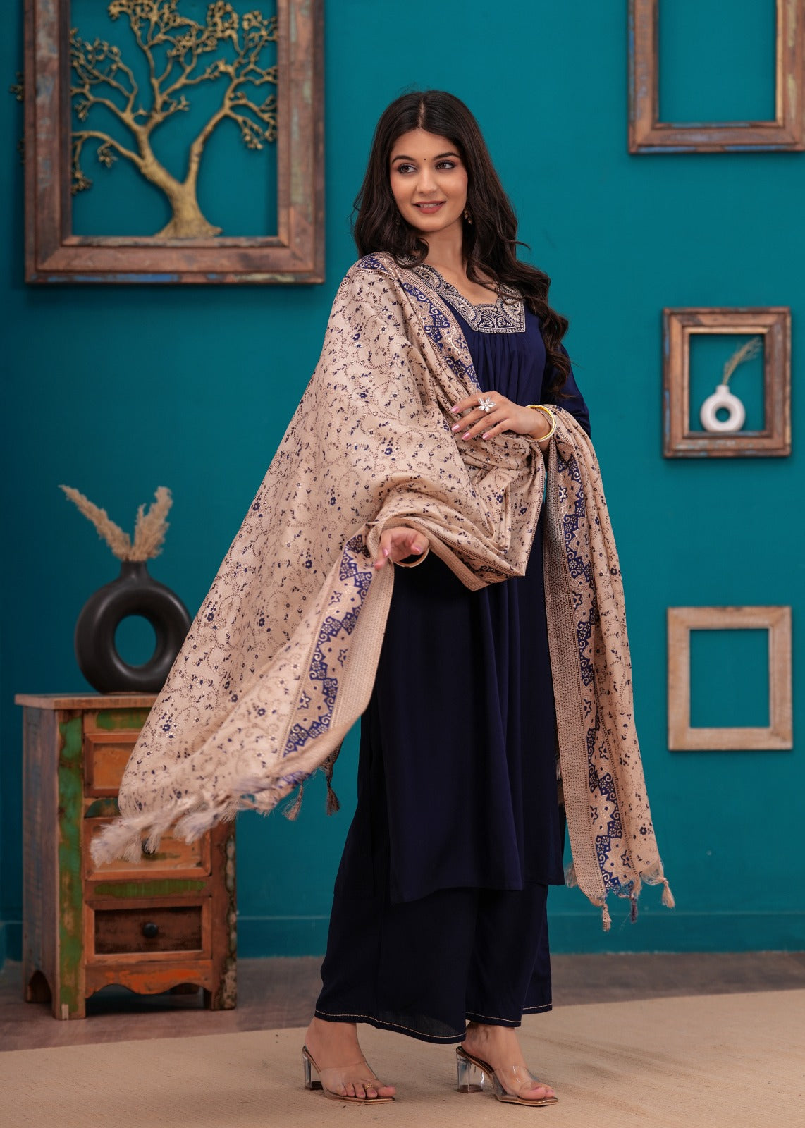 Heavy rayon suit set paired with cotton silk dupatta