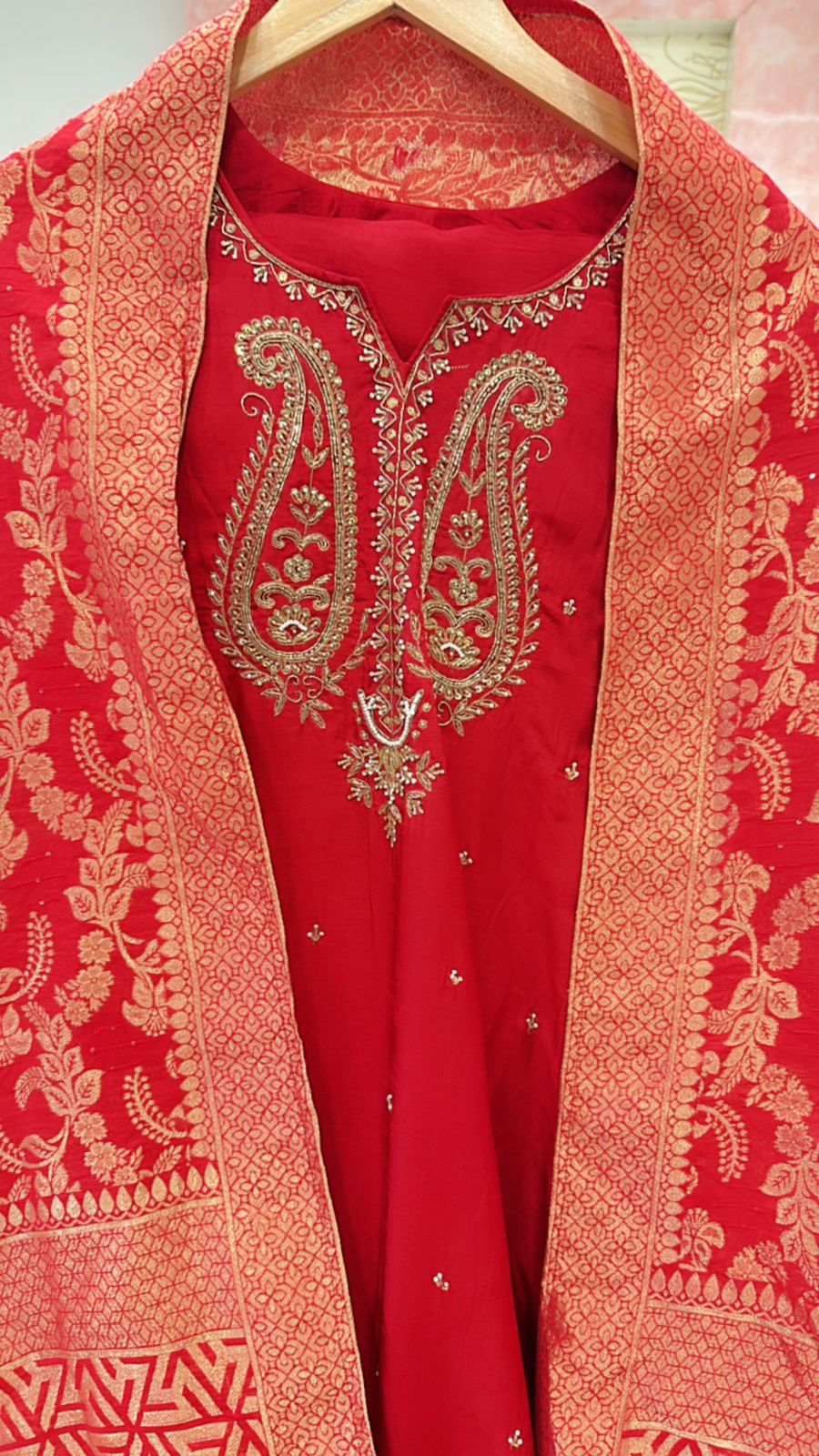 Premium dola silk suit paired with weaved Banarasi dupatta