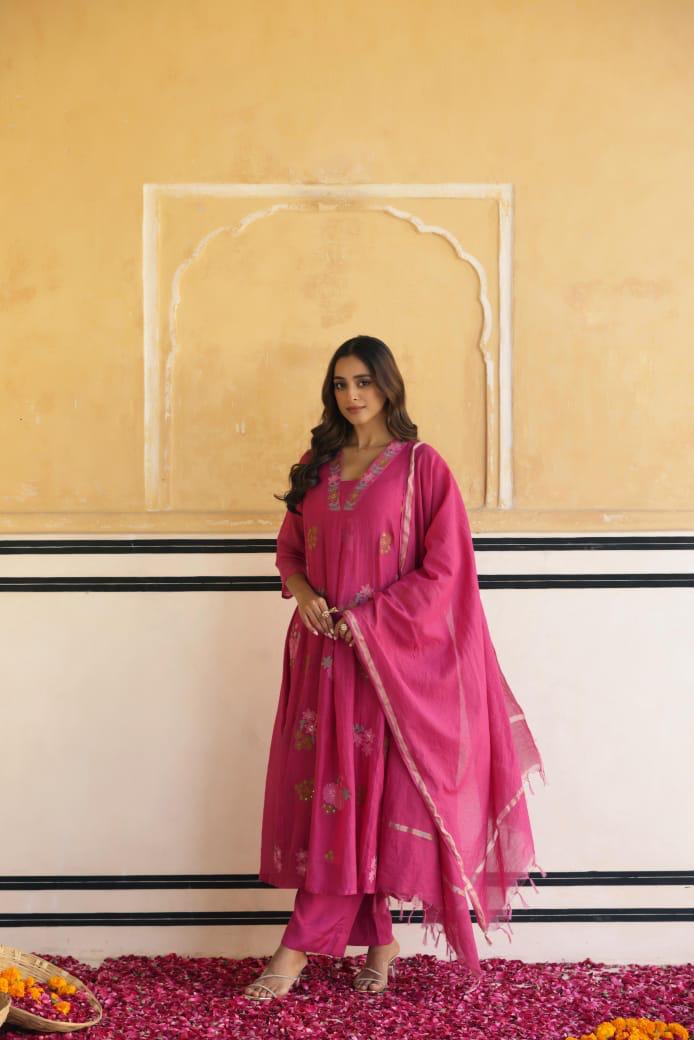 Restocked !! Fully embroidered mul chanderi suit set !!