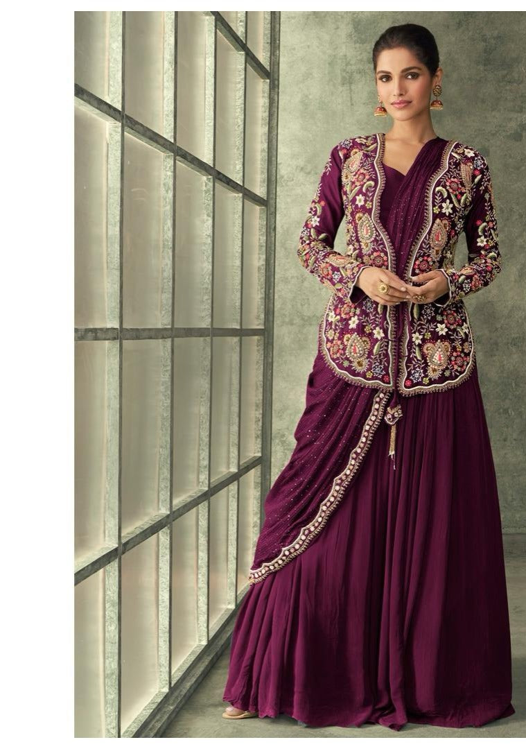 Semi georgette drape saree gown paired with jacket