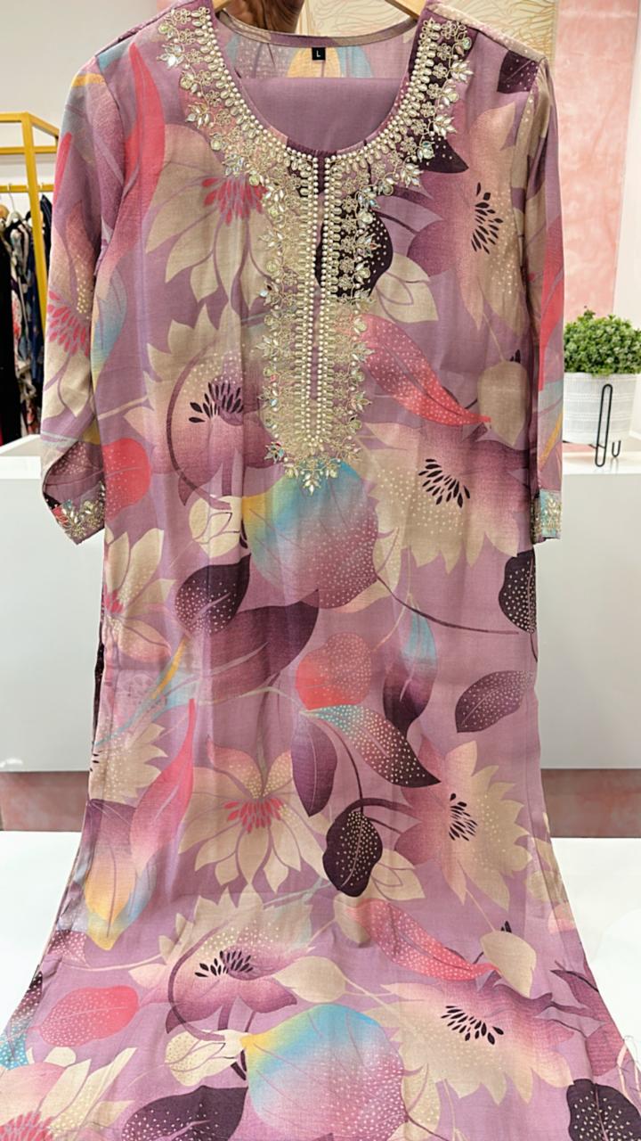 Muslin kurta pant with heavy hand work