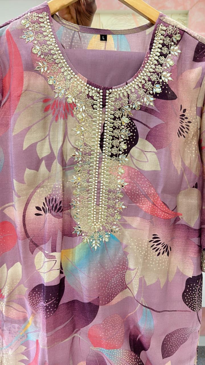 Muslin kurta pant with heavy hand work