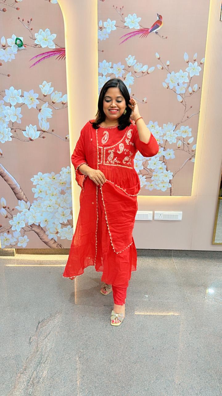 Gorgeous Mul chanderi hand work suit with extra margin inside (slight slim fit but margin available )