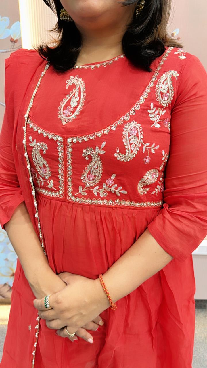 Gorgeous Mul chanderi hand work suit with extra margin inside (slight slim fit but margin available )