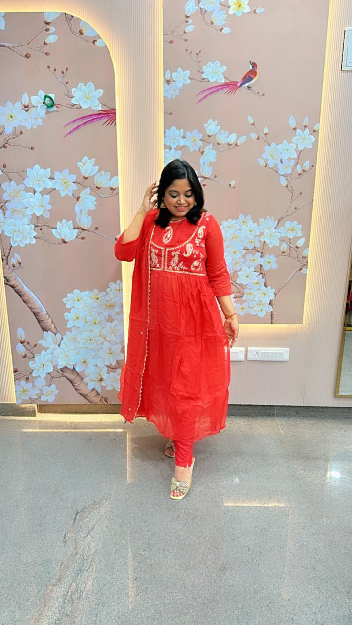 Gorgeous Mul chanderi hand work suit with extra margin inside (slight slim fit but margin available )