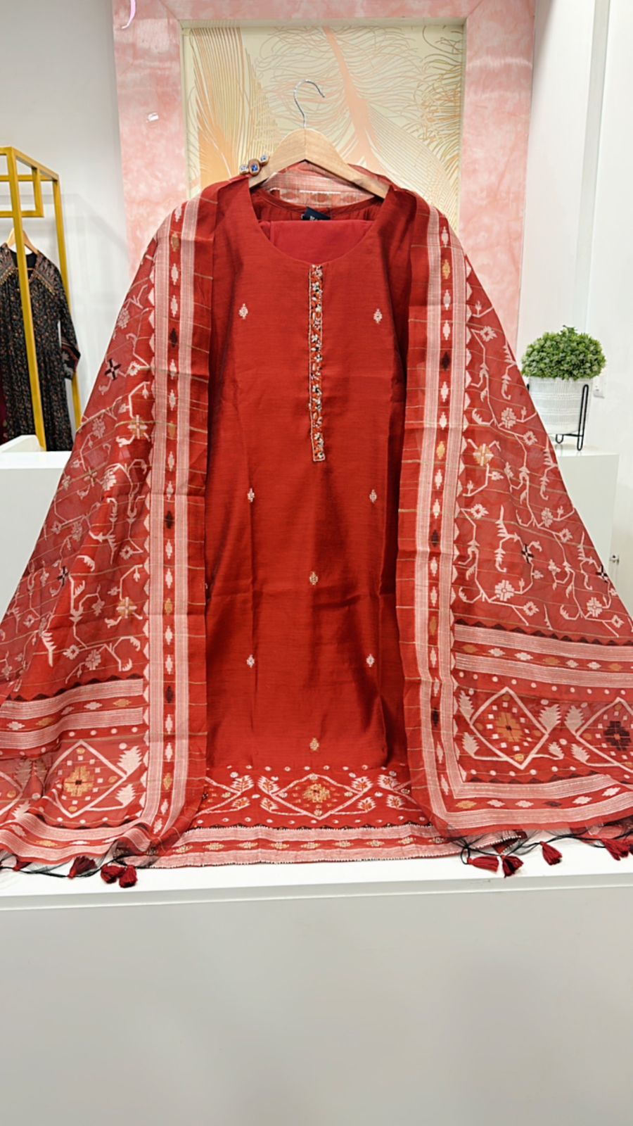Gorgeous silk suit with full woven dupatta