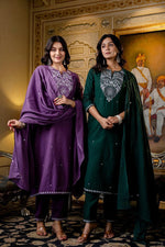 Cotton fully embroidered full suit set in green