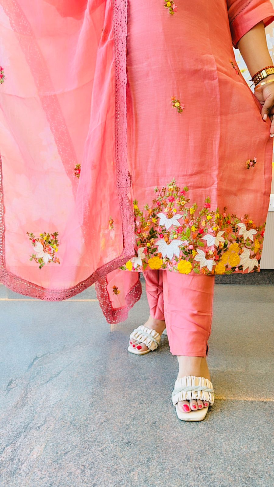 Embroidered Mul chanderi suit set