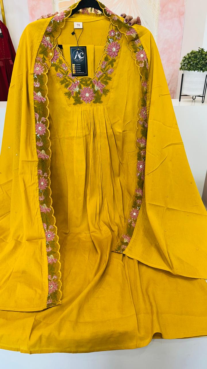 Restocked !! Heavy rayon with pretty embroidered lace detailing suit set !