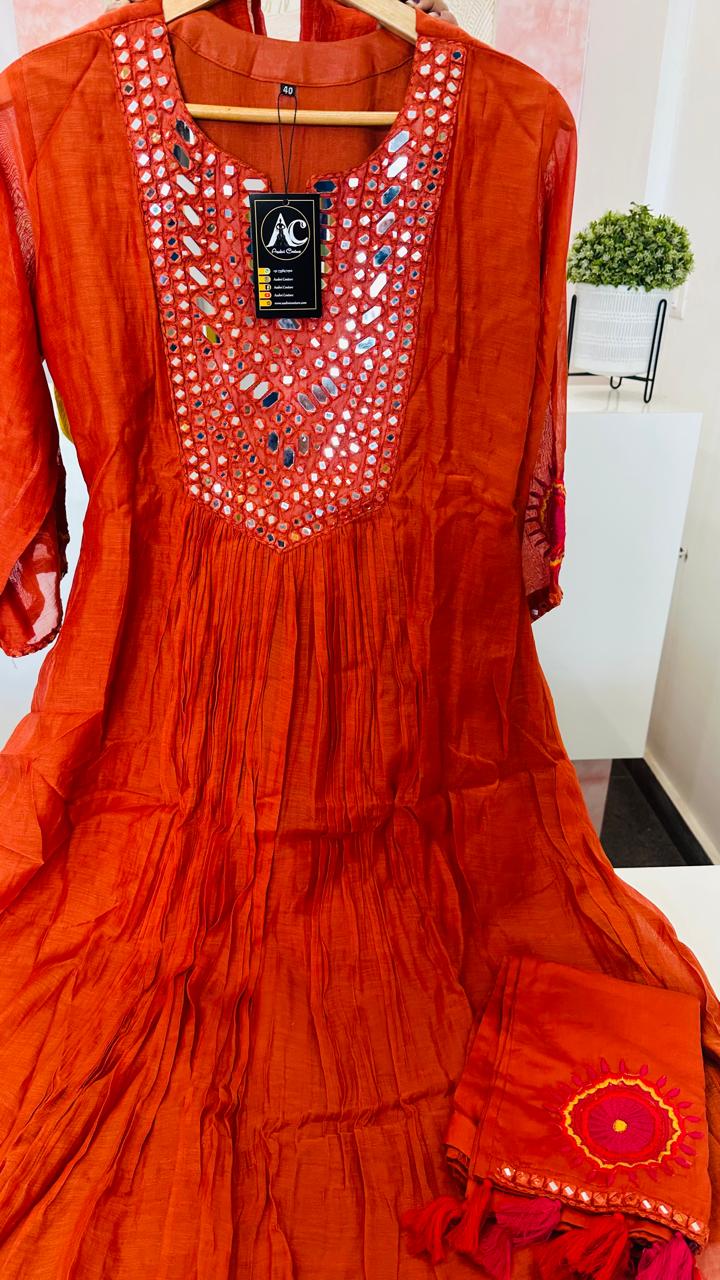 Mul chanderi with heavy mirror lining work suit set