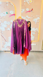 Heavy rayon with pretty embroidered lace detailing suit set in purple