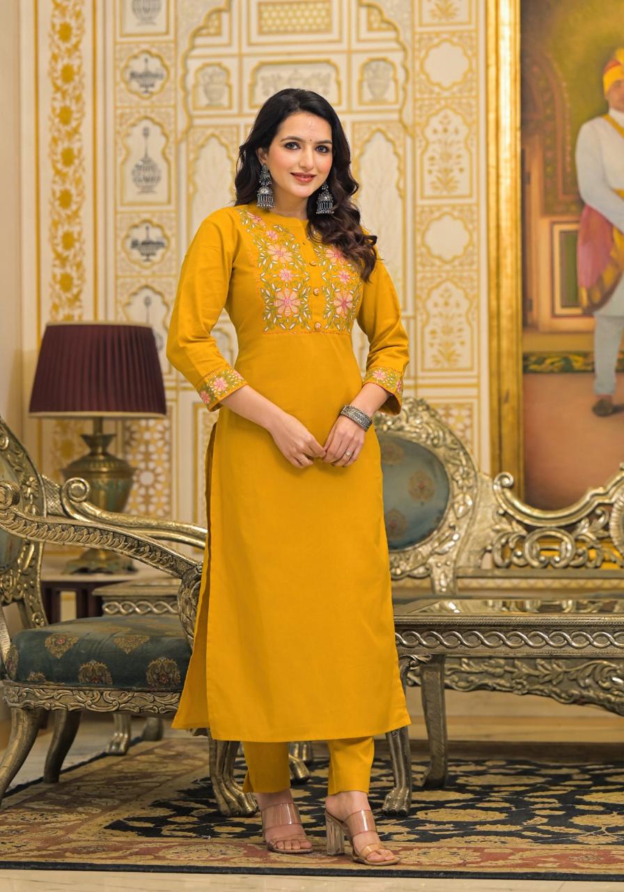 Embroidered kurta pant in cotton