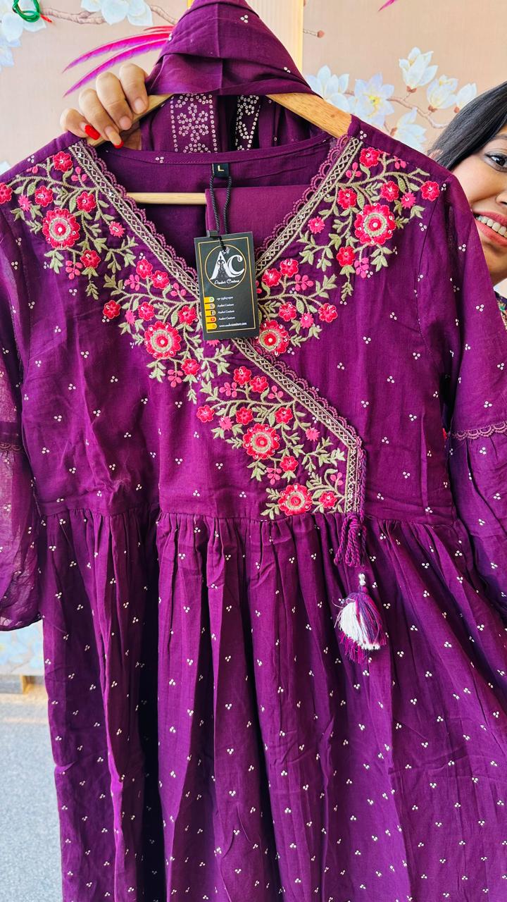 Pure cotton angrakha embroidery Mul cotton lining full suit