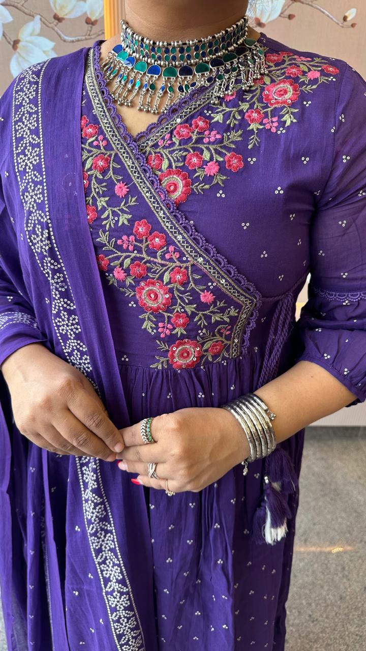 Pure cotton angrakha embroidery Mul cotton lining full suit