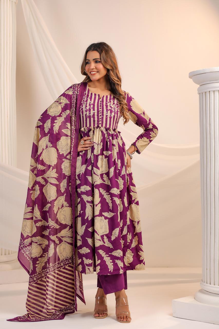 Pure cotton embroidered yoke full suit set