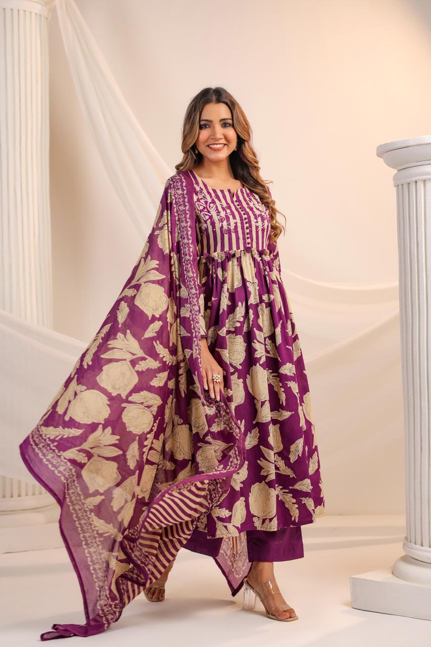 Pure cotton embroidered yoke full suit set