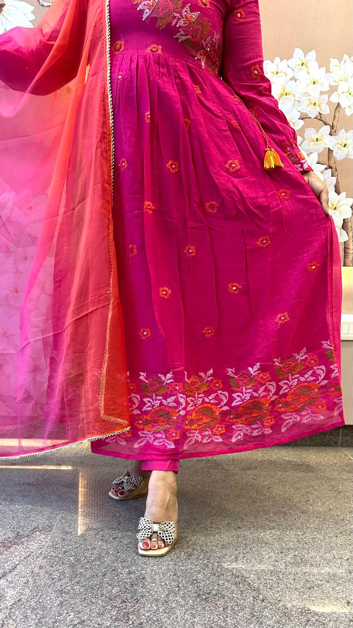 Pure Mul cotton embroidered lining suit set paired with orgenza dupatta