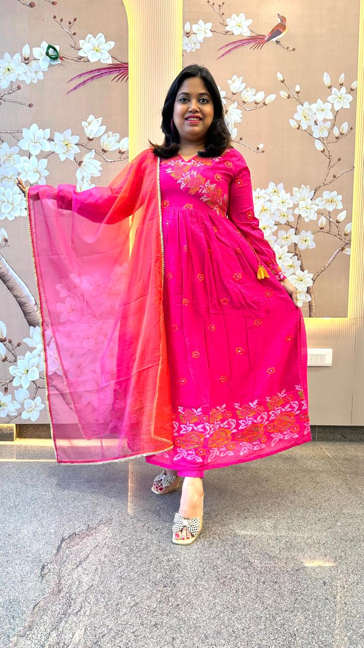 Pure Mul cotton embroidered lining suit set paired with orgenza dupatta