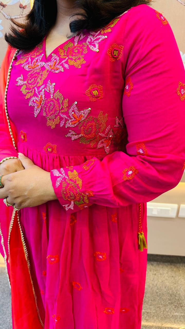 Pure Mul cotton embroidered lining suit set paired with orgenza dupatta