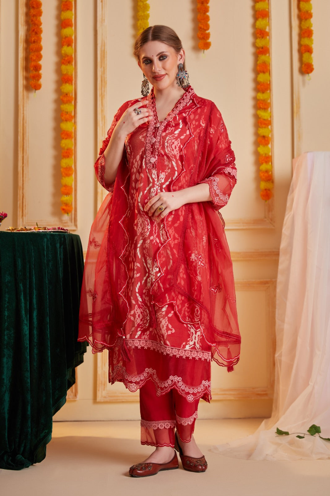 Pretty muslin with orgenza lace detailing full suit paired with orgenza dupatta