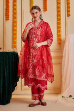 Pretty muslin with orgenza lace detailing full suit paired with orgenza dupatta