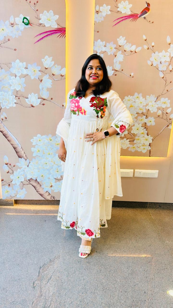 Pure Mul cotton lining angrakha pattern embroidered full suit set (better to opt a bigger size )