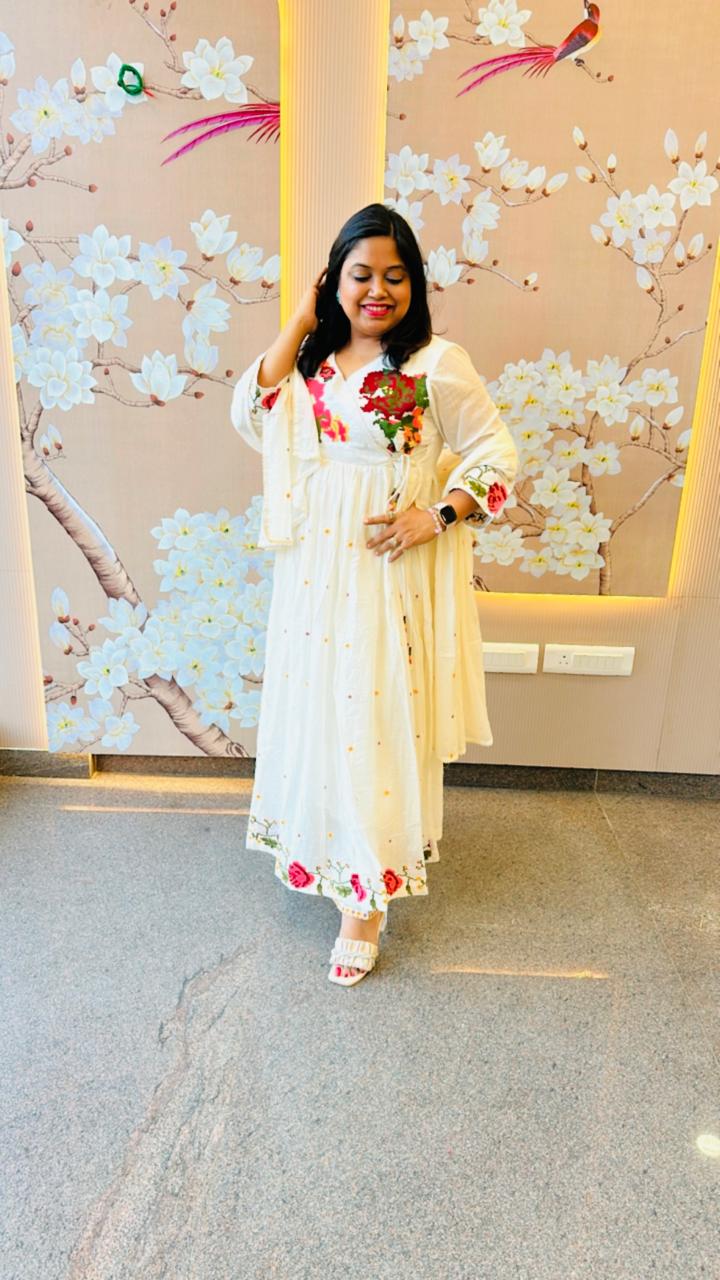 Pure Mul cotton lining angrakha pattern embroidered full suit set (better to opt a bigger size )