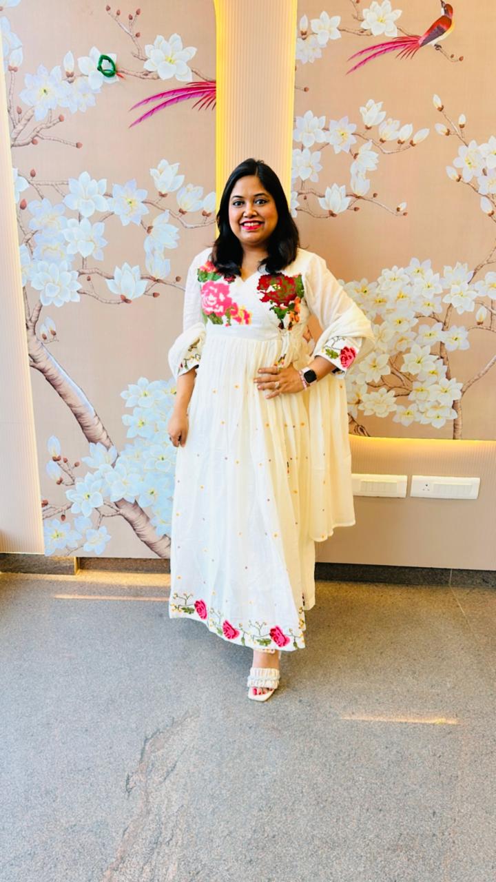 Pure Mul cotton lining angrakha pattern embroidered full suit set (better to opt a bigger size )