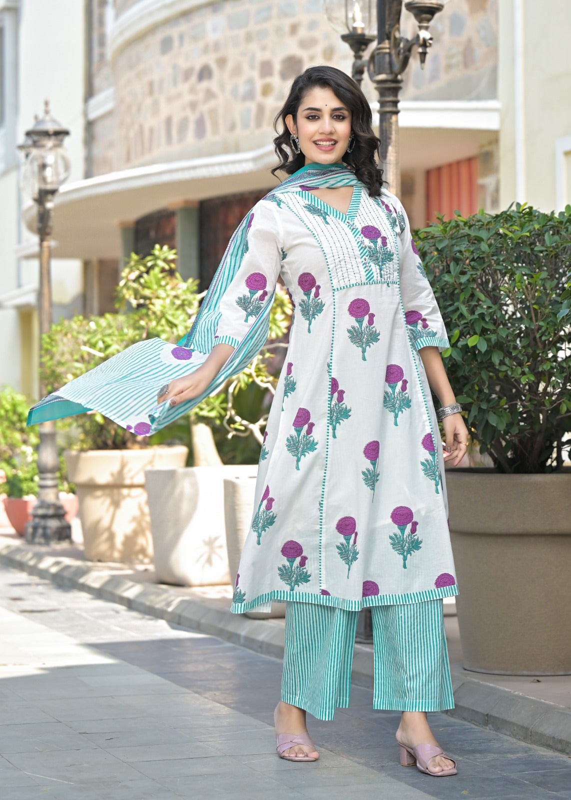 Pure cotton block print lining suit set
