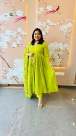 Pure Mul cotton embroidered Anarkali suit paired with brush painted dupatta