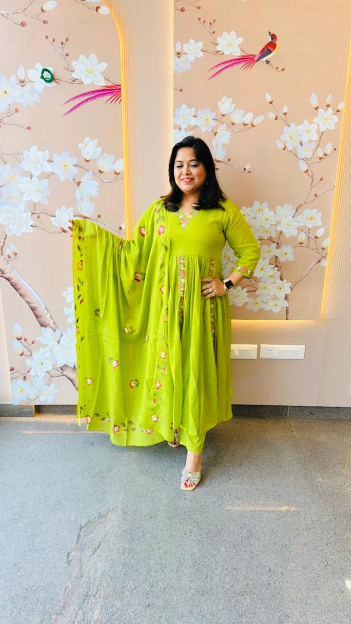 Pure Mul cotton embroidered Anarkali suit paired with brush painted dupatta