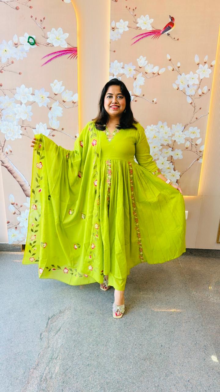 Pure Mul cotton embroidered Anarkali suit paired with brush painted dupatta