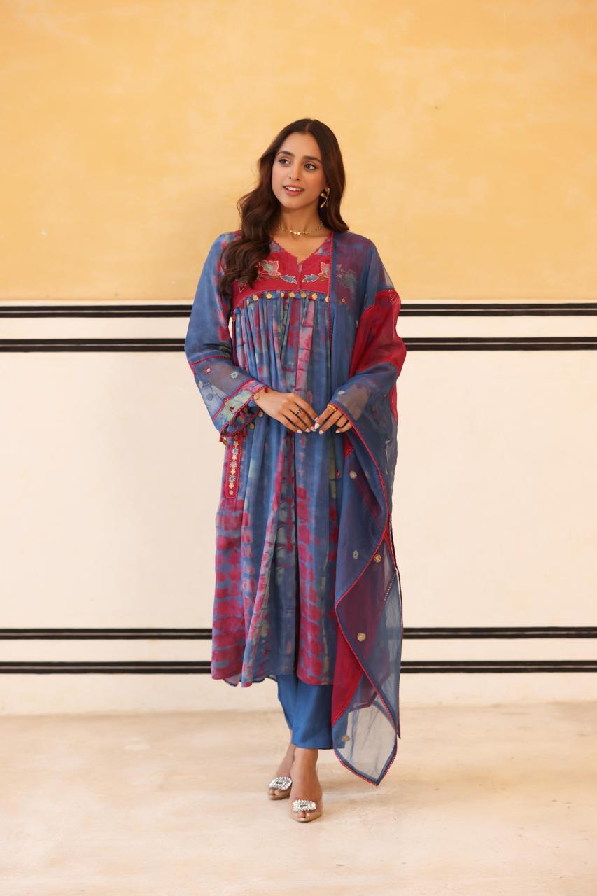 Pure Mul silk suit set front n back embroidered paired with organza dupatta