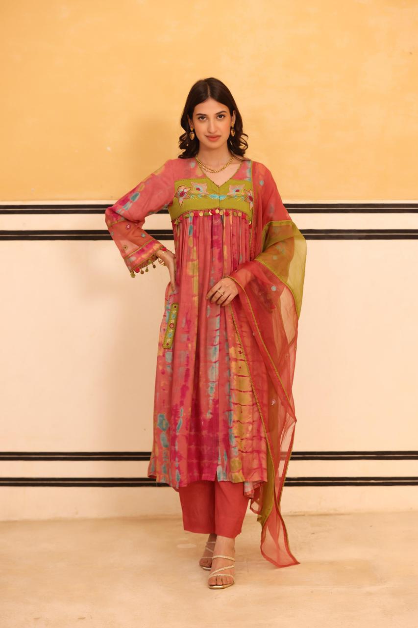 Pure Mul silk suit set front n back embroidered paired with organza dupatta