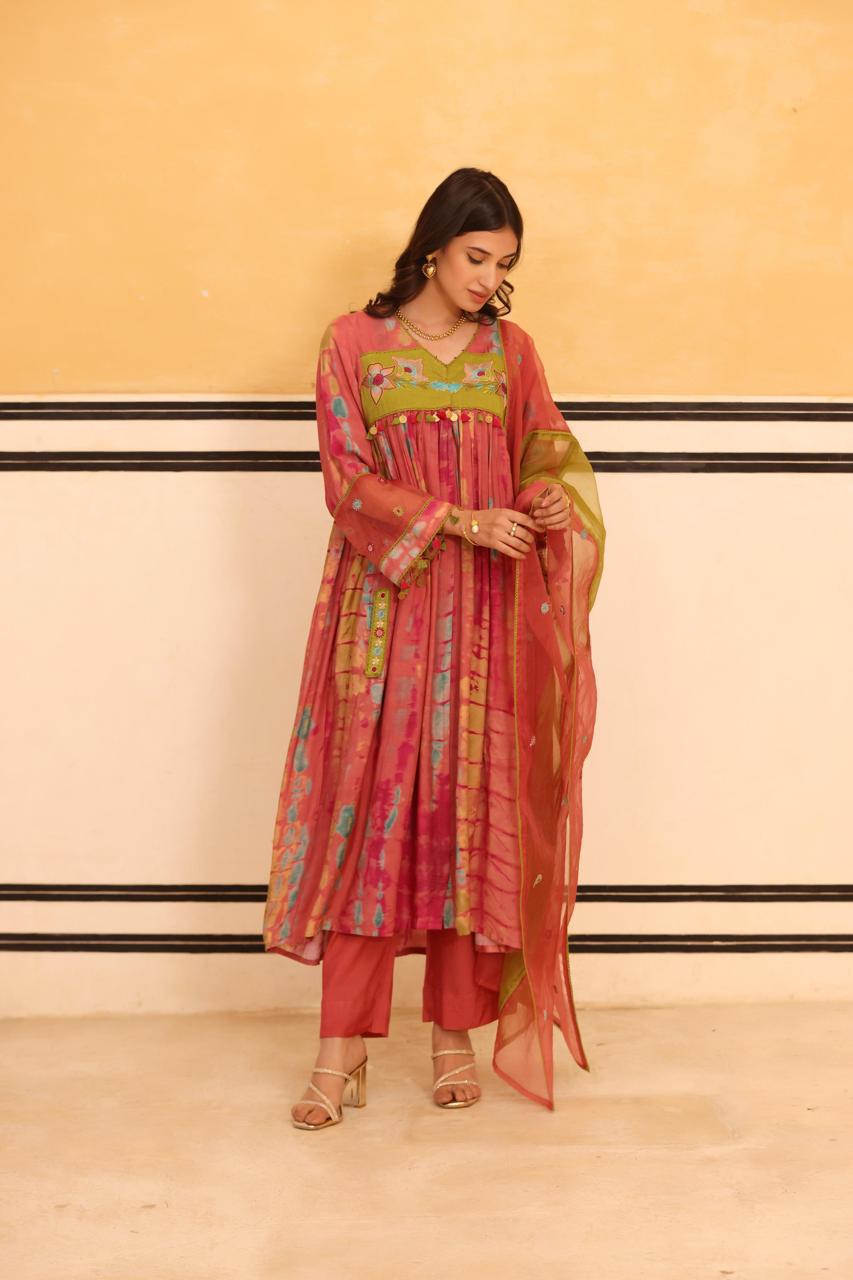 Pure Mul silk suit set front n back embroidered paired with organza dupatta