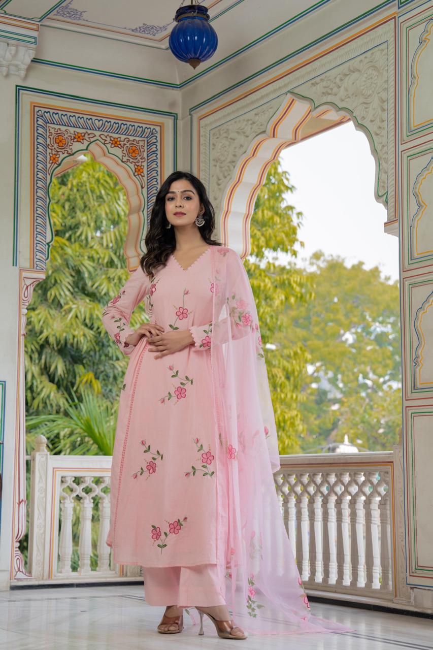 Pure mul cotton lining embroidery paired with brush painted orgenza dupatta