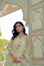 Pure mul cotton lining embroidery paired with brush painted orgenza dupatta