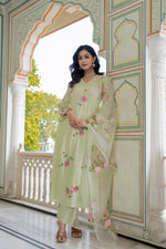 Pure mul cotton lining embroidery paired with brush painted orgenza dupatta