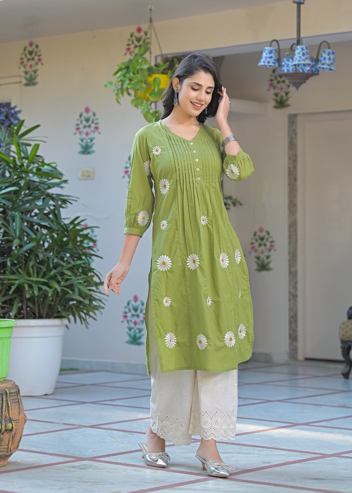 Wow cotton embroidered full suit set with designer pant